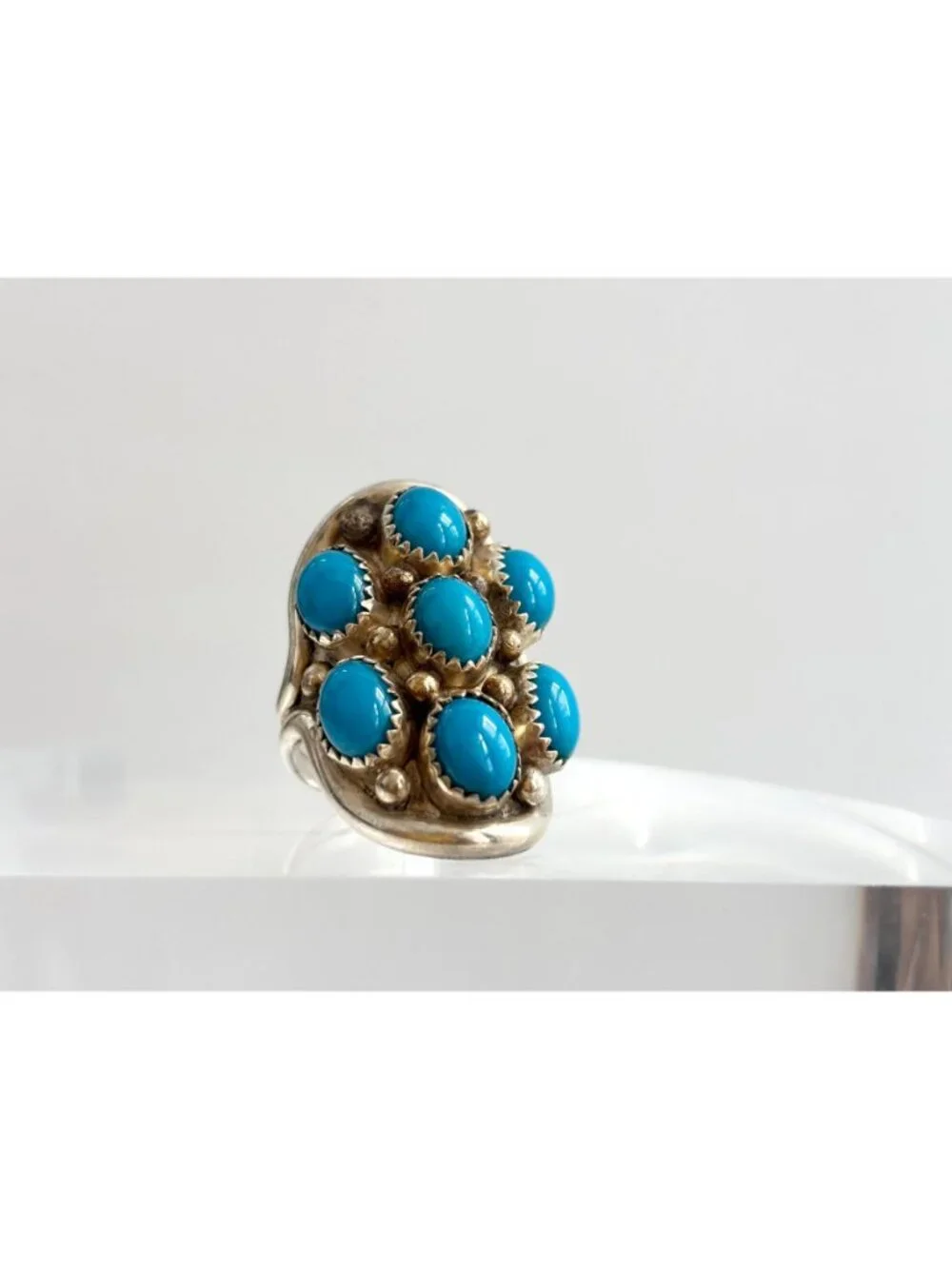 Navajo Sleeping Beauty Turquoise Cluster Sterling Silver 925 Vintage Ring - sz 8